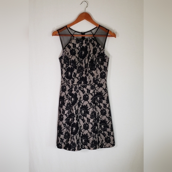 Aiden A-line Dress Beige With Black Lace Overlay Womans Size 4 Prom Wedding - Picture 1 of 10